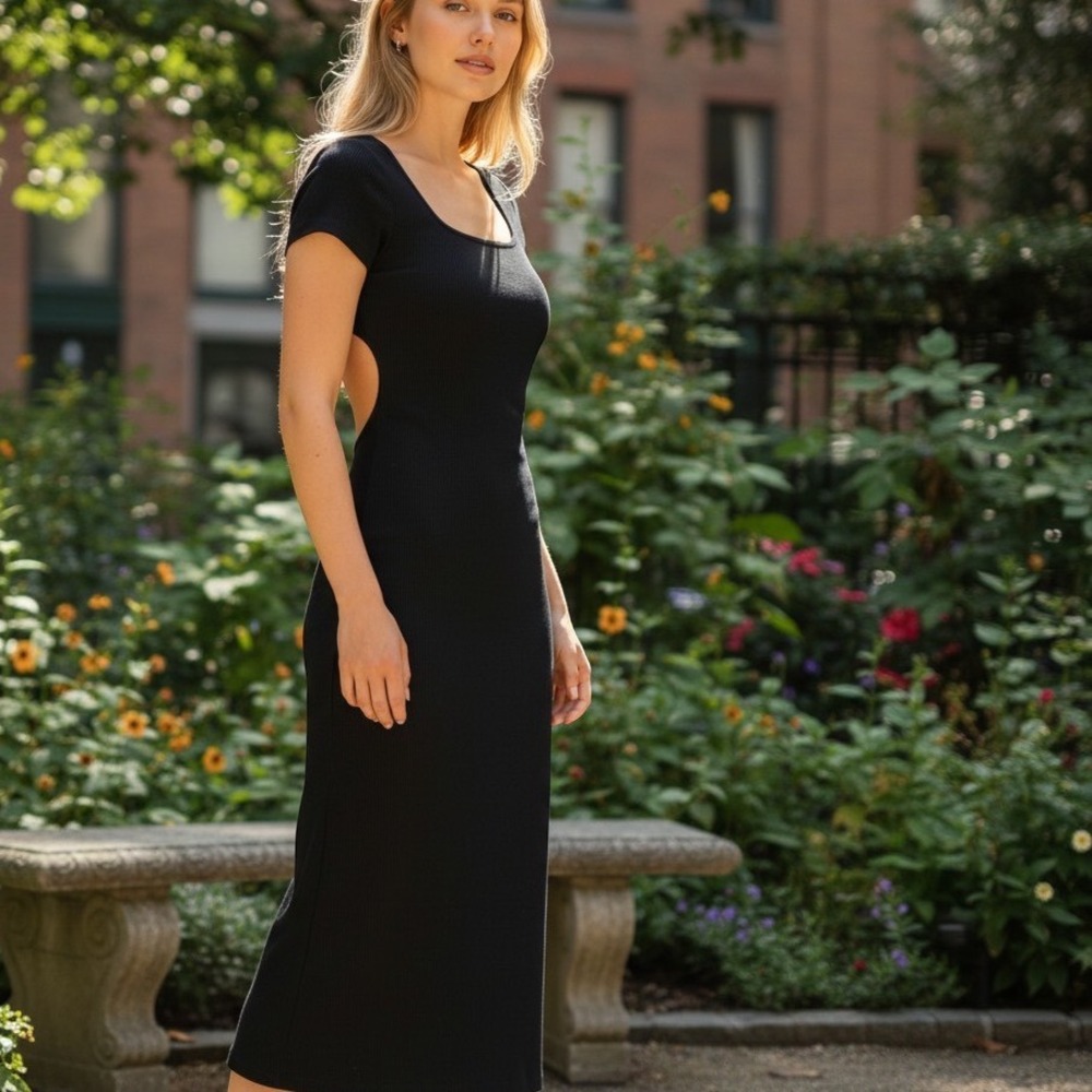 Nine West Womens Black Ribbed Cotton Open Back Cutout Bodycon Midi Dress S LBD